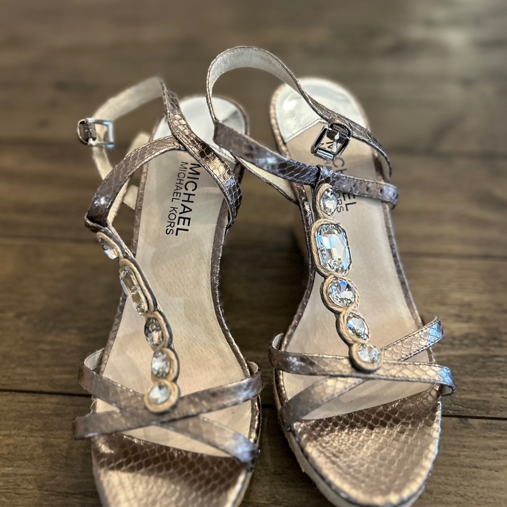 Michael Kors “Giovanna” wedge crystal pale gold metallic sandal size 8